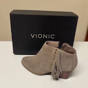 Vionic Taupe Suede Ankle Booties with Fringe